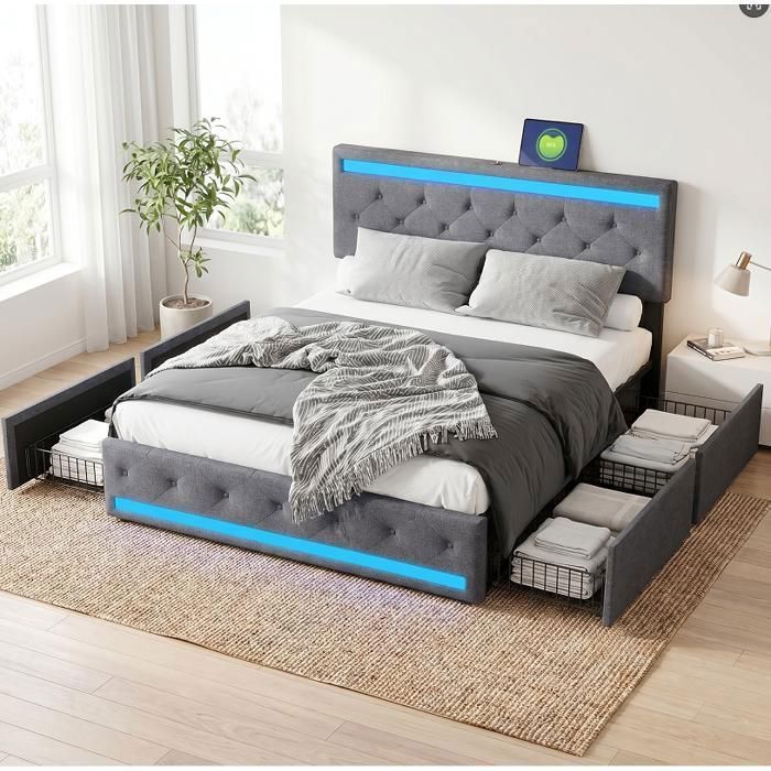 Lit coffre rembourré 160x200 lit double avec sommier lit adulte avec USB et 4 tiroirs lit LED avec rangement lin gris