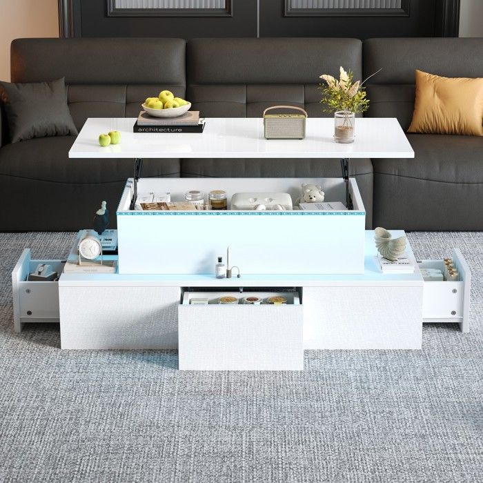 Table basse relevable blanc MDF laqué brillant 100x50x40cm LED 4 tiroirs rangement caché salon multifonction
