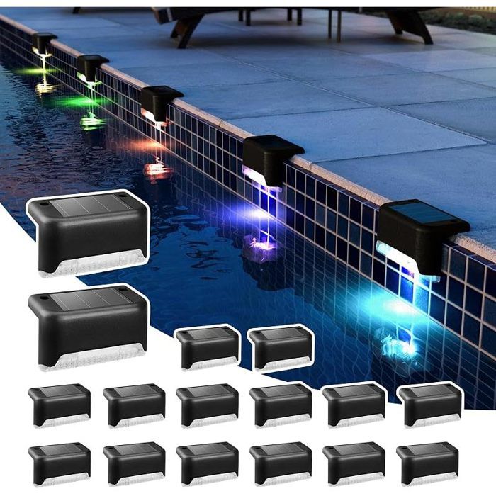 Lot de 16 lampes solaires étanches pour escaliers extérieurs marches clôtures cour patio et allée (noirchangement de couleur)