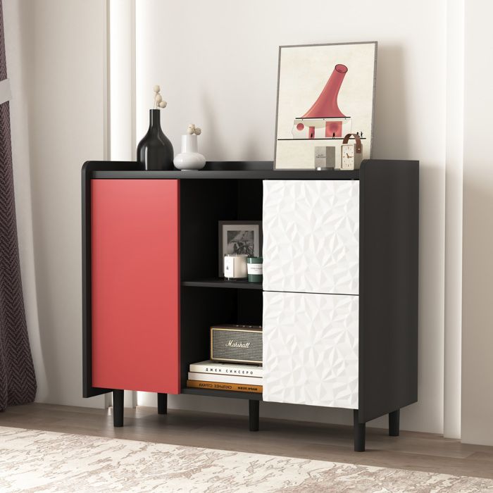 Buffet bas moderne noir et rouge en MDF 90 x 40 x 80 cm 1 porte 2 tiroirs et 2 niches ouvertes