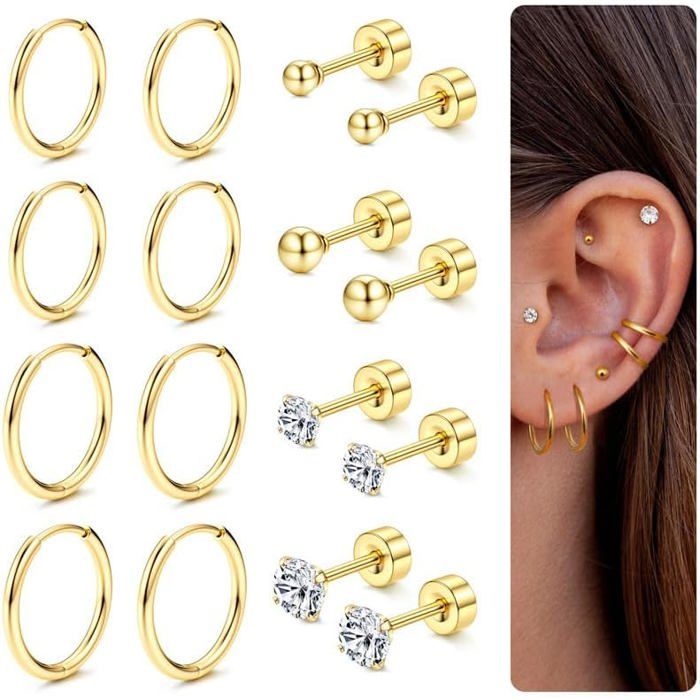 8 Paires Boucles DOreilles En Acier Chirurgical 316L Boucles DOreilles Rondes En Zirconium Cubique Plaqué Or 14K Boucles D[PP28]