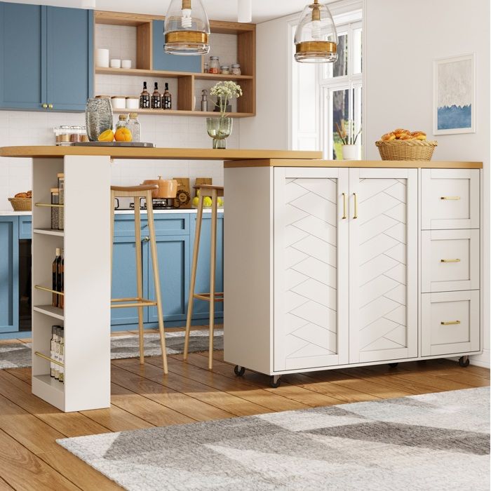 COVREO Barwagen extensible 2 portes 3 tiroirs roulettes blanc aspect bois MDF et métal 135-228 x 39 x 104 cm