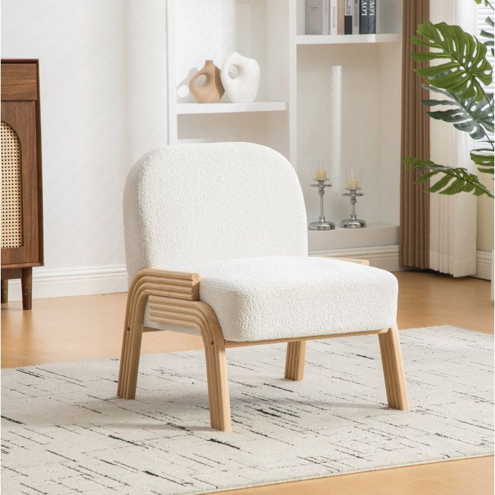 Fauteuil lounge scandinave 1 place en chenille ivoire sans accoudoirs structure en bois