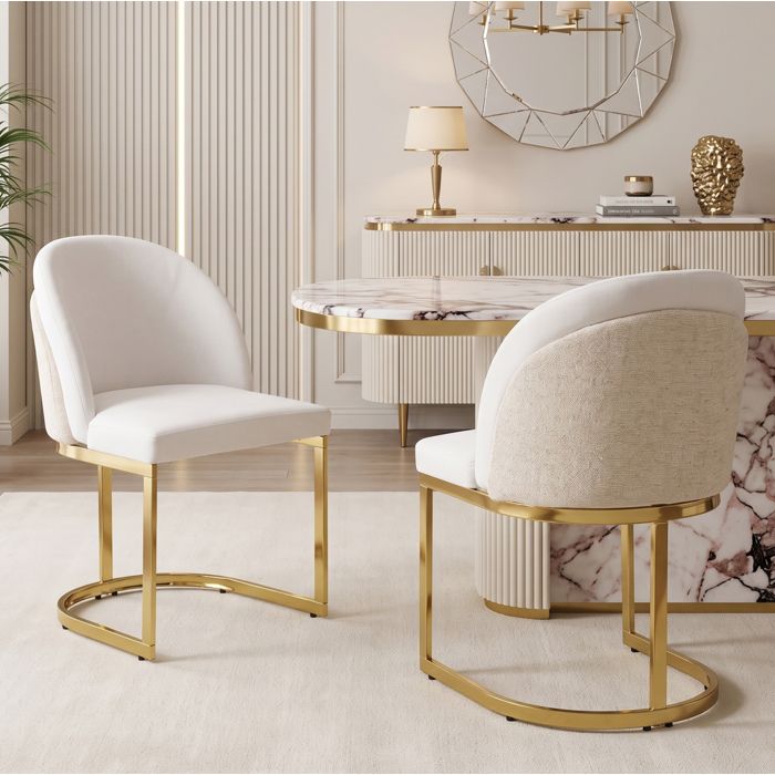Modenuit Lot de 2 chaises de salle a manger en chenille beige et or dossier double pieds en metal dores