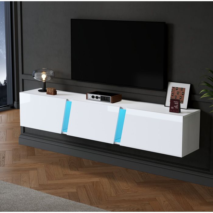 Meuble TV mural suspendu 180 x 35 x 30 cm avec LED contrôlée par application 3 portes abattantes blanc ORVRYN