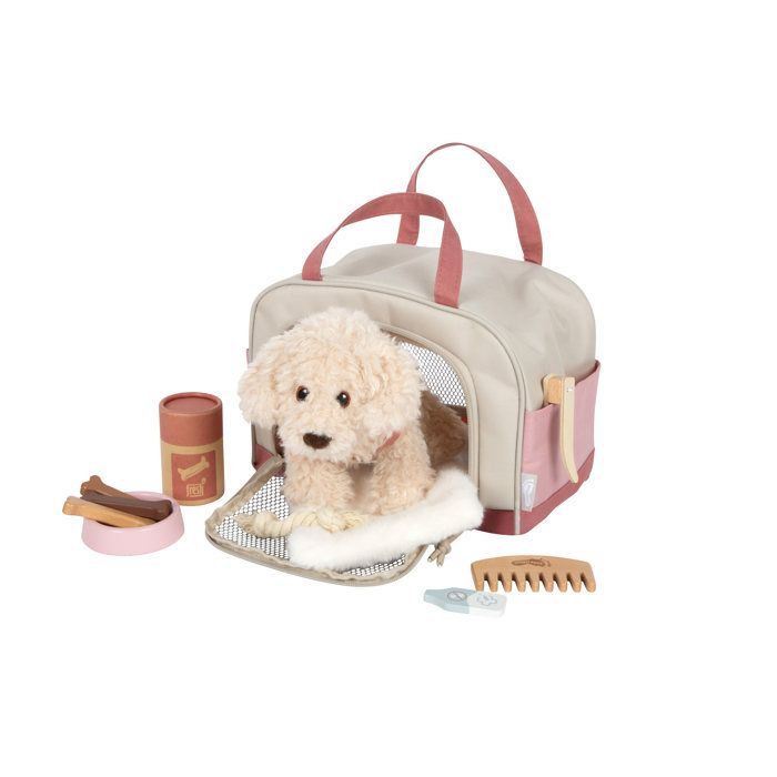 Peluche - SMALL FOOT - Chien avec sac et kit de soins - Rose - Accessoires complets - Harnais amovible