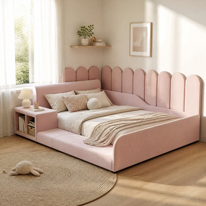 ELVORIN Lit enfant 140 x 200 cm avec bureau tabouret et étagère de rangement tête de lit rembourrée en velours rose