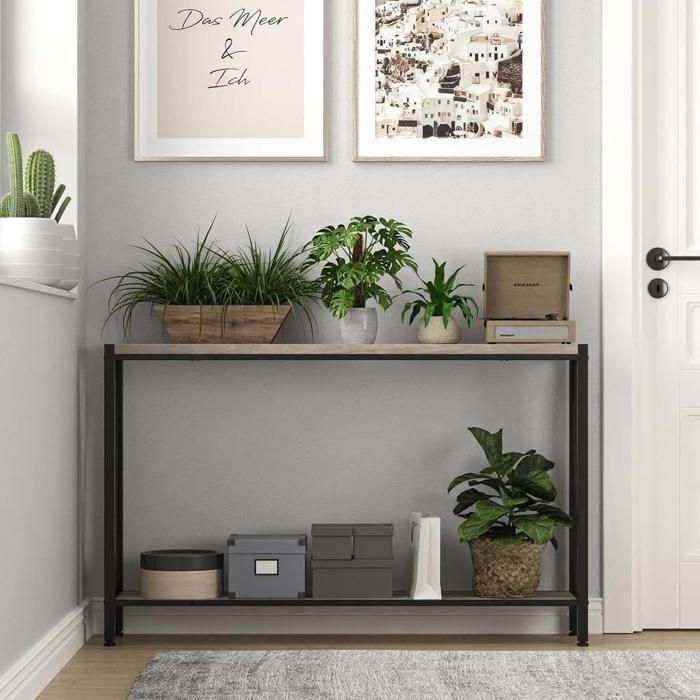 Table Console - Console étroite 109 cm 2 niveaux avec étagère de rangement style industriel pour Entrée Salon Gris