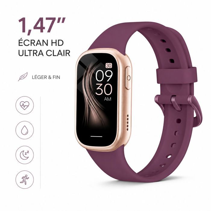 Bracelet connecté – Écran 1.47 Suivi Tension Artérielle SpO2 – Sport Santé Quotidienne – 45x26.5mm Violet