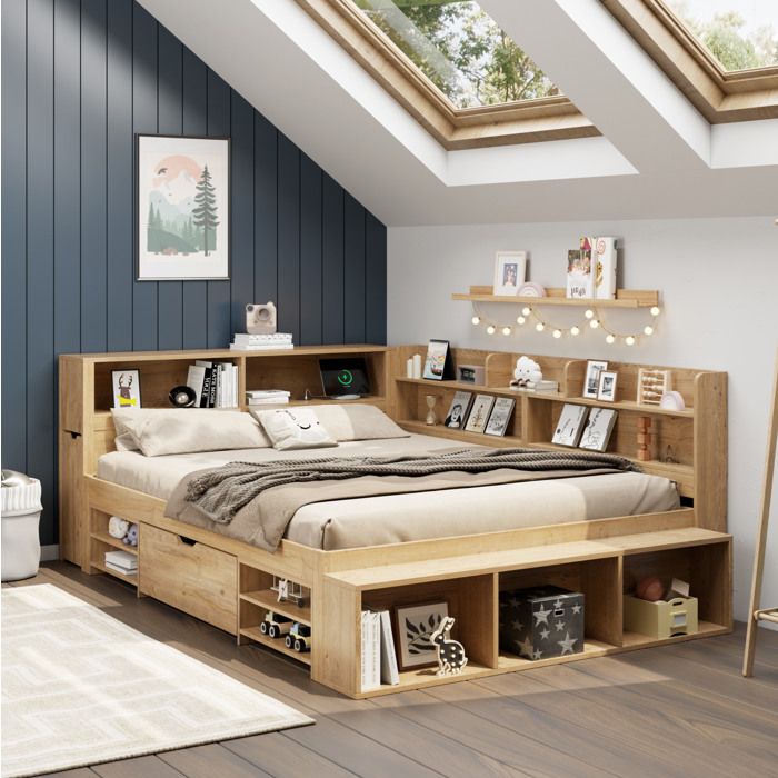 Lit combiné enfant 140 x 200 cm avec rangements tiroir étagères table de chevet recharge sans fil sans matelas ORVRYN