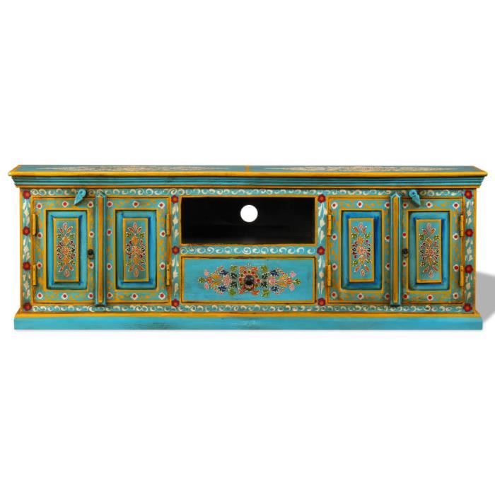 Meuble Télé Buffet Tv Télévision Design Pratique Bois De Manguier Massif Bleu Et Marron Peint A Main 2502148 84271390