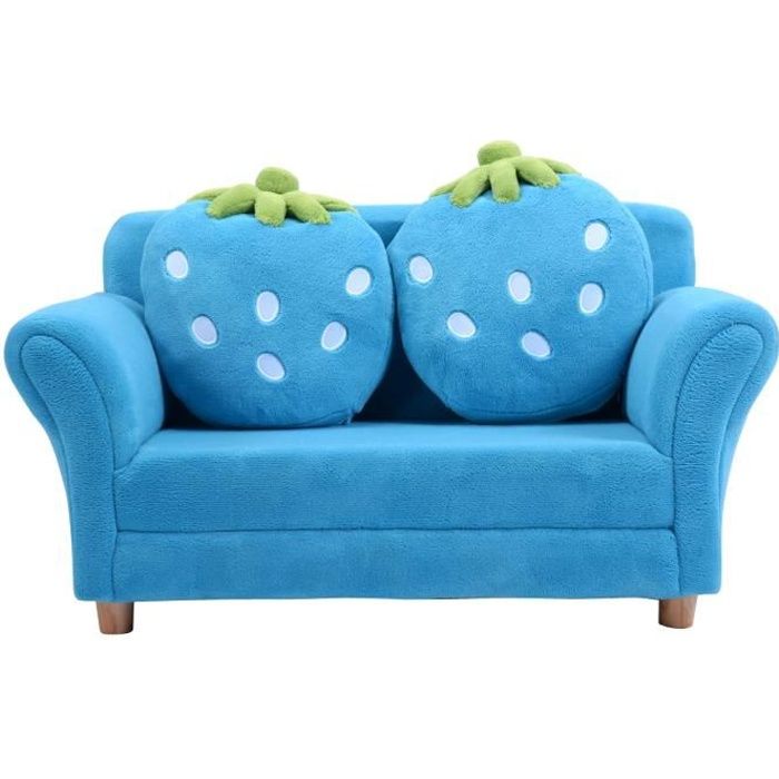 Canapé-lit Sofa Enfant Fauteuil d’enfant avec 2 Oreillers en Forme de Fraise Coussin Housse en Velours de Corail 90x54.8x48 CM Bleu