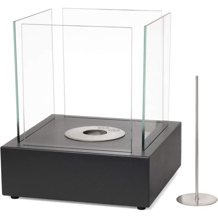 Cheminée Bio Éthanol Table Portable – Foyer Intérieur Extérieur Avec Chambre Double, Galets Noirs, Sans Fumée – Terrasse, Balcon, Salon