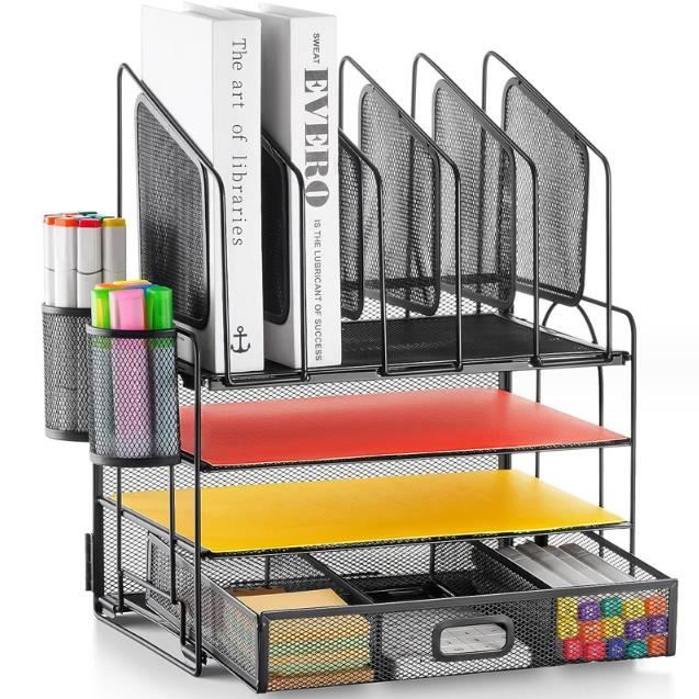 CINNANI Organisateur De Bureau En Maille Métal Noir - 1 Plateau + 4 Compartiments Verticaux - Rangement Moderne Et Pratique