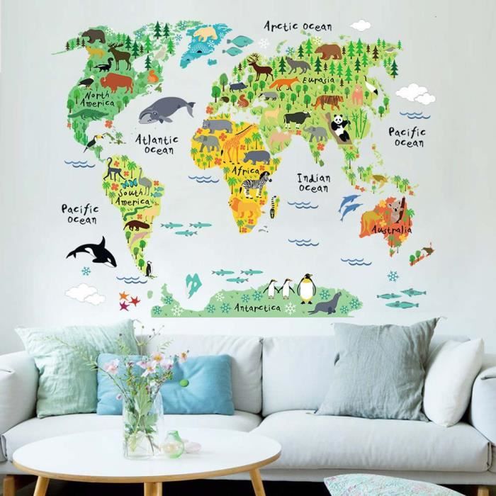 Sticker Carte Du Monde Des Animaux Sticker S Muraux Chambres D Enfants Decor De La Maison 1500 Cdiscount Maison