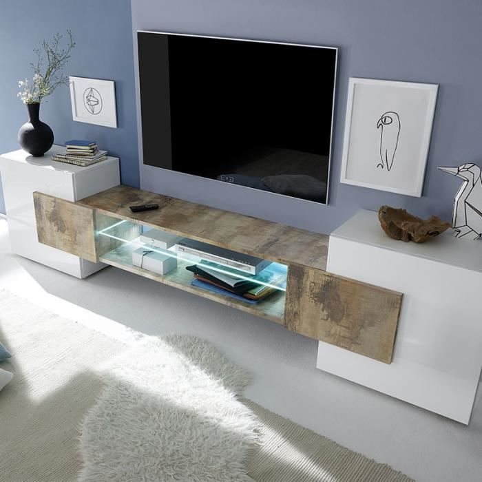 Meuble Tv Design Blanc Et Couleur Bois Luxor 3 Avec Eclairage Cdiscount Maison