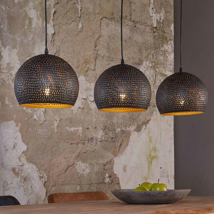 Suspension industrielle 3 lampes rondes 25 cm en métal noir
