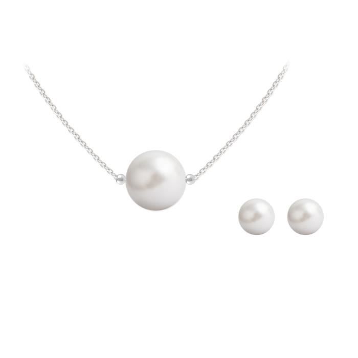 Parure Argent 925 Perles Nacrees Rondes 10 et 6 mm Swarovski Element - White