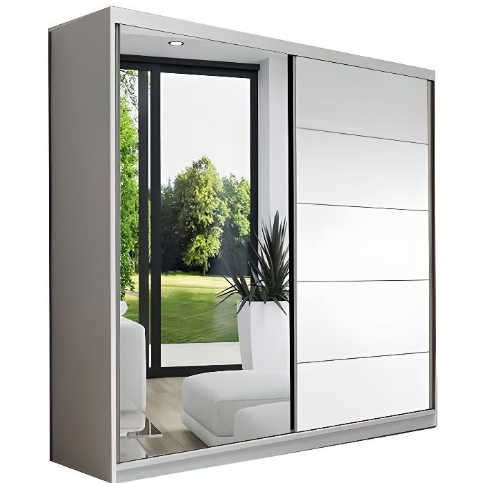 Armoire de chambre avec miroir 2 portes coulissantes - Style contemporain - L-160 cm EVA BIS 05 (Blanc)