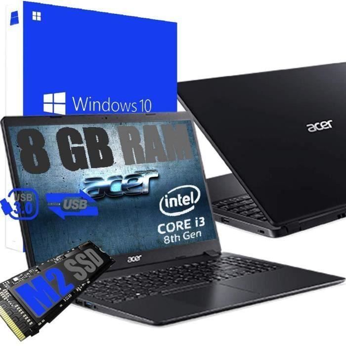 Vente PC Portable Ordinateur portable Acer Intel Core i3 de 8gen jusqu'à 3,4 GHz, SSD M2 de 256 Go, RAM 8 Go DDR4, écran 15,6" Full HD LED, Bt, Wi-Fi, pas cher