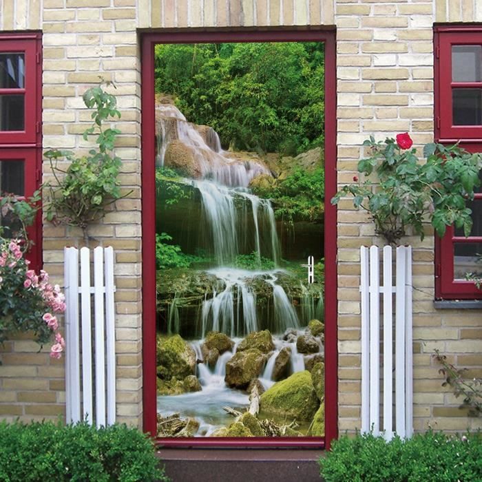 Sticker Porte 3D Forêt Jungle - 77x200 Cm Amovible PVC - Décoration Murale Effet Paysage - Facile à Poser Sans Colle