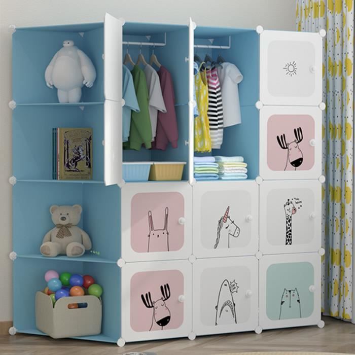 Armoire Chambre Meuble Rangement Enfant- 12 Porte 2 Penderie- Armoire  Plastique Cartoon- 147x47x147cm- Bleu- avec Étagère d'angle - Cdiscount  Maison