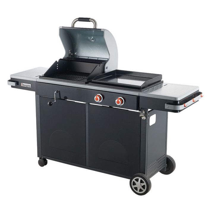 Barbecue Bi-Energy M 2 Feux BRASERO - Barbecue Charbon et Plancha Gaz 48 x 42 cm, 7,2 kW, Noir 178,5 x 58 x 115 cm