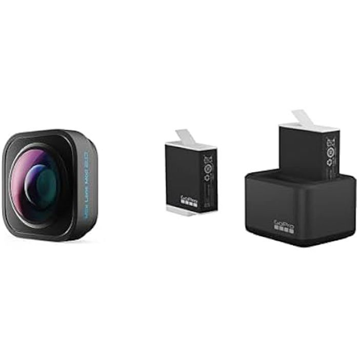 GoPro Max Lens Mod 2.0 (HERO12 Black) - Accessoire Officiel Dual Battery Charger + 2 Enduro Batteries (HERO11 Black/HERO10