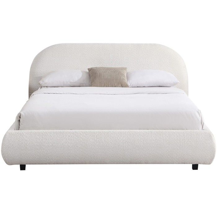 Lit adulte 140x190 cm avec sommier et tête de lit matelassée en tissu bouclé beige - Maddie Lit adulte 140x190 cm avec sommier et tête de lit matelassée en tissu bouclé beige - Maddie