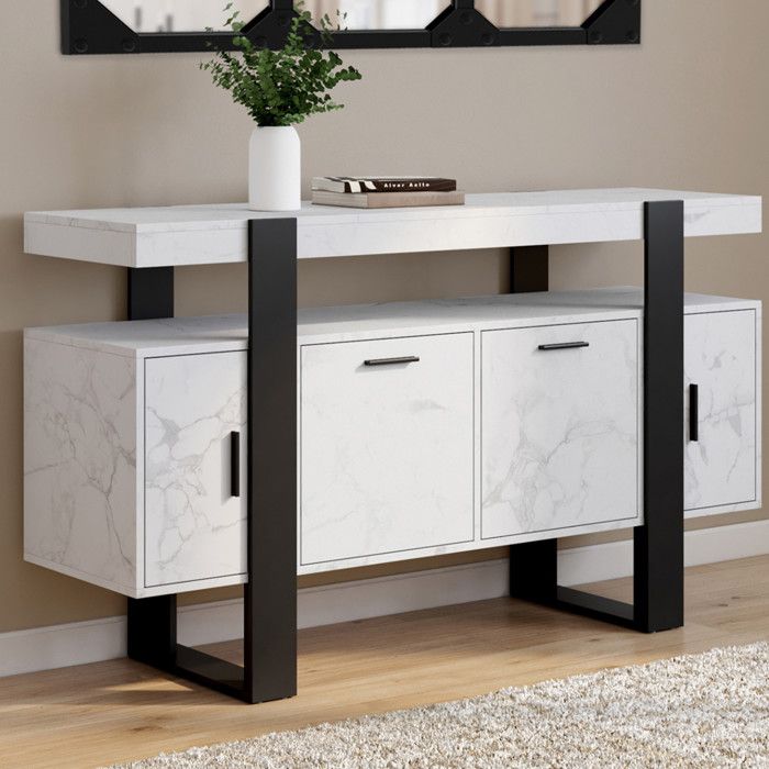 ID MARKET buffet PHOENIX 4 portes 140 cm Loft effet marbre blanc ALASKA et noir