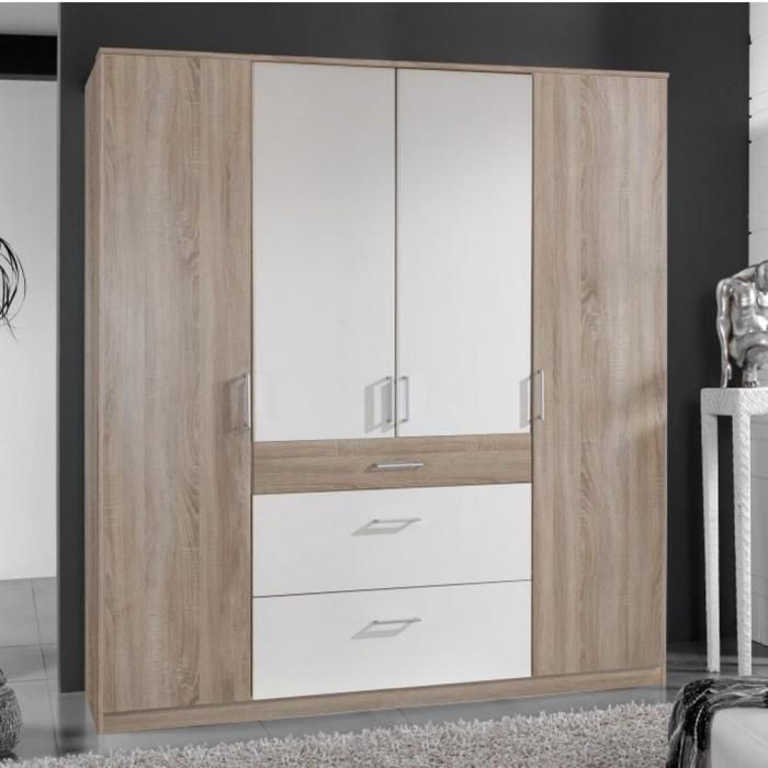 Armoire LAVAL décor chêne et blanc 4 portes 3 tiroirs 2 tringles
