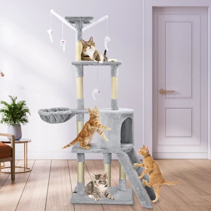 Comparer les prix de JAJALUYA Arbre à chat 30*55*95cm - 3 plateformes, 1 perchoir, 1 niche, 1 escalier, poteaux à griffer- Gris Clair