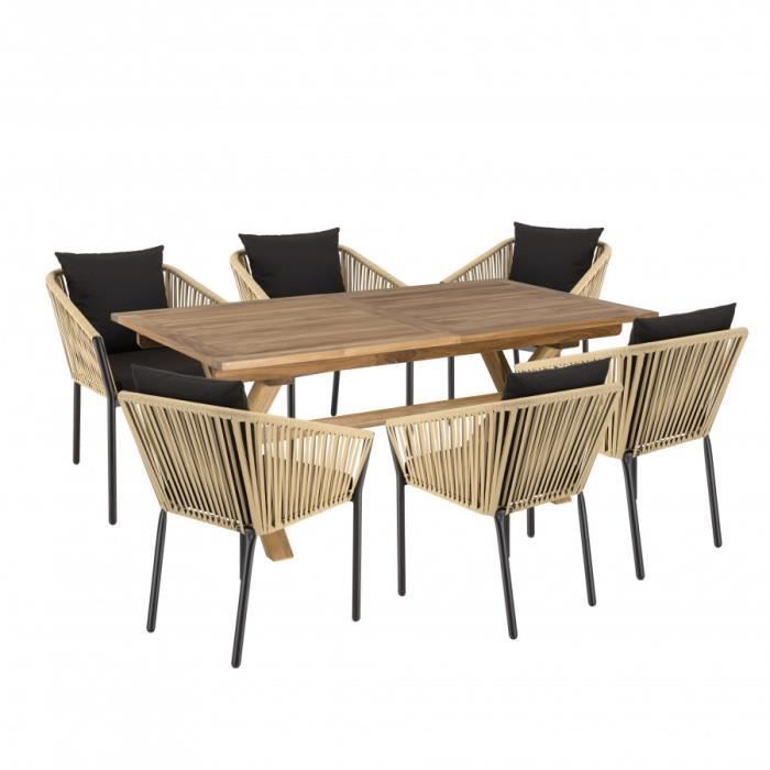 macabane malo - salon de jardin 6 pers. - 1 table rectangulaire 180x100cm et 6 fauteuils beiges et noirs avec coussin