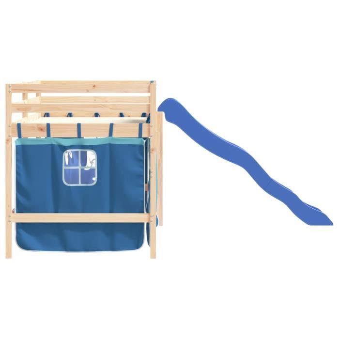 Lit mezzanine enfants - MOTHINESSTO - 80x200cm - Bois pin massif - Rideaux bleu - Échelle et toboggan