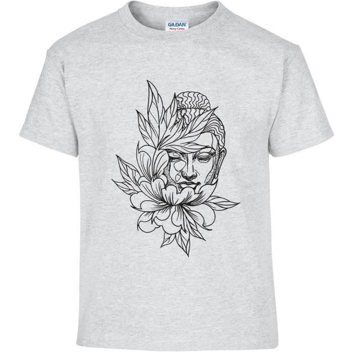 Kreamode T Shirt Homme Tattoo Buddha Lotus Tatouage Bouddha Religion Zen Spiritualite T Shirt Manches Courtes Col Rond Gris Cdiscount Pret A Porter