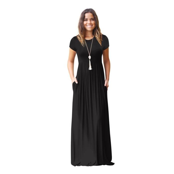 Robe Longue Femme Ete Manches Courtes Col Rond Casual Robe Couleur Unie Avec Poches Noir Noir Cdiscount Pret a Porter