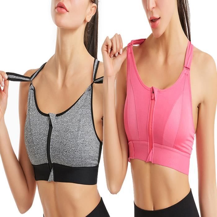 Brassiere de sport femme Maintien superieur Reglable Zip frontal Gris