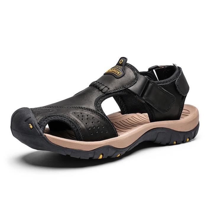 sandales de sport randonnée homme - bininbox - bout fermé - semelle antidérapante - cuir noir