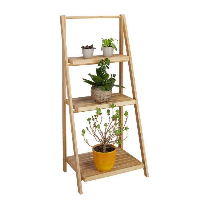 Relaxdays Escalier étagère pour fleurs en bambou 3 étages pliant rangement bois plantes pliable nature HxlxP: 99 x 45 x 32 cm