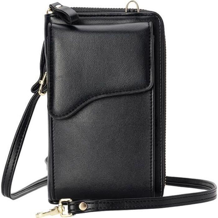 COOK-Petit sac à bandoulière pour téléphone portable Portefeuille avec fentes pour cartes de crédit Porte-clés en pour femmes Noir