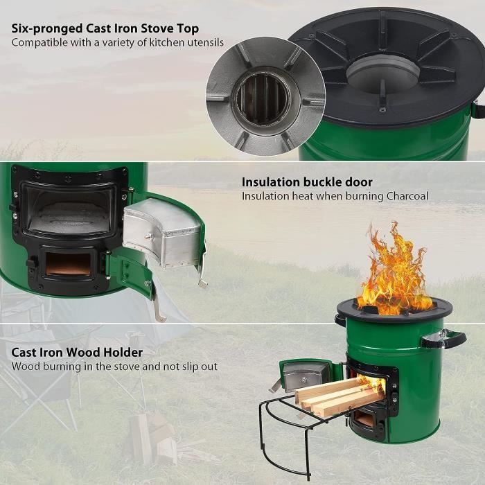 Poêle à bois portable pour tentes, abris et camping, avec sifflet de cheminée, cuisinière de camping
