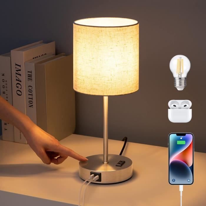 Lampe de Table Chevet Salon Rétro LED USB C Tactile Métal Alu