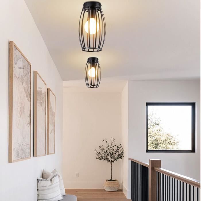 UNI Plafonnier Cage Fer Abat-jour en Métal E27 Lampe Plafond Noir 4pcs