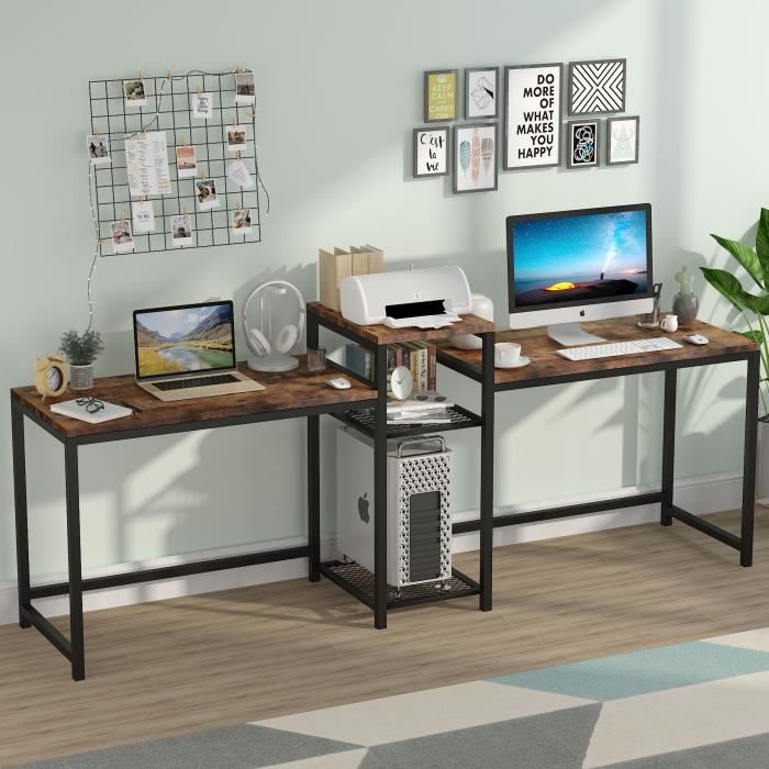 Bureau d'ordinateur double avec étagères de rangement Table d