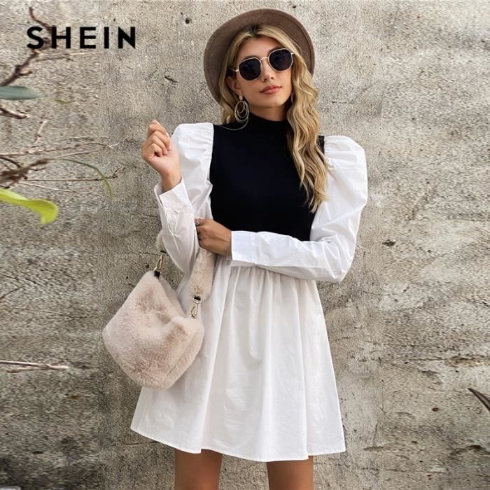 Robe noire et blanche col montant manches bouffantes SHEIN automne taille haute ourlet evase Type Multicolor2 Blanc Cdiscount Pret a Porter