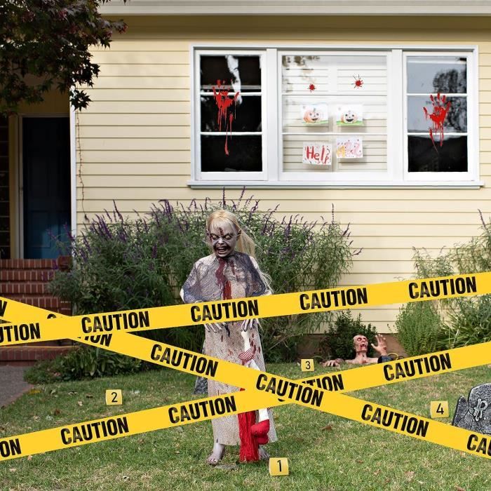 Ruban Signalisation Halloween - 4 Designs Épouvante Pour Déco Extérieure - Ruban Avertissement Rouge Et Blanc Scène De Crime