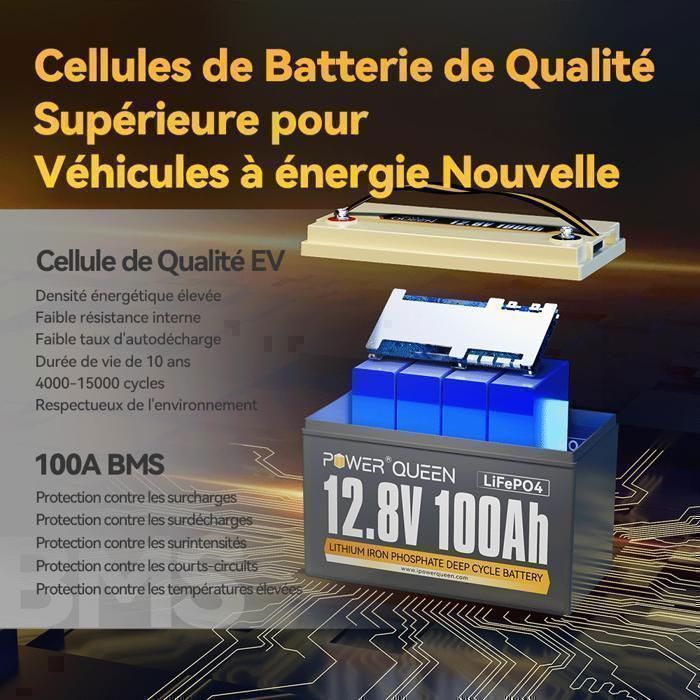 PowMr Batterie LiFePO4 100 Ah 12,8 V Avec Protection BMS Basse Température 100 A, Capacité D'énergie 1280 Wh, Cycle De 6000 +, Pour Camping-car, Bateau, Maison, Kit De Panneau Solaire, Camping