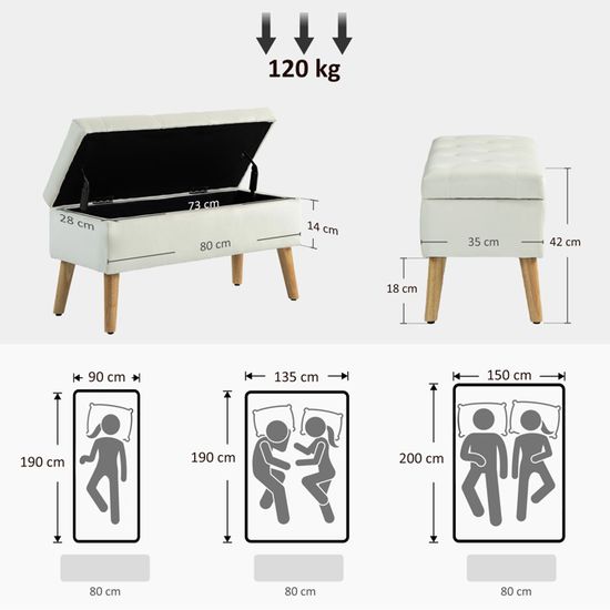 Banc Rangement Avec Coffre Velours Crème 105x44x45.5cm - Ottoman Pour Salon Et Chambre - HOMCOM