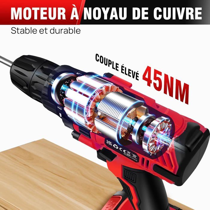 Perceuse-Visseuse Sans Fil 21V - 2 Batteries 1500mAh - 45 N.m - 26 Accessoires - LED - Parfaite Pour Bricolage