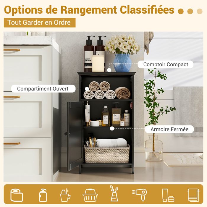 Meuble De Rangement Salle De Bain Avec Portes Et Tiroir - Armoire Moderne 56x30x80 Cm - Noir
